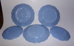 Vintage Jeannette Glass DELPHITE BLUE CHERRY BLOSSOM, 3 Child Sized Toy Plates and 2 Saucers