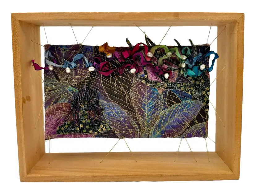 Framed Fiber Art Suspended Embroidered Tapestry Leaves Rainbow Pearl Bead Quilt