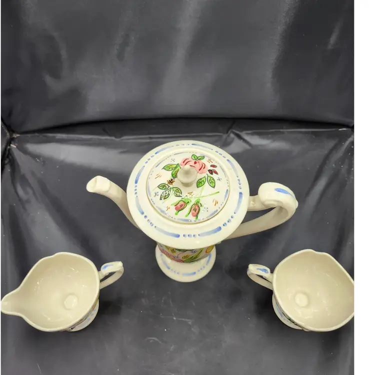 Blue Ridge Pottery Rose Marie Chocolate Pot & Lid with Creamer and Open Sugar