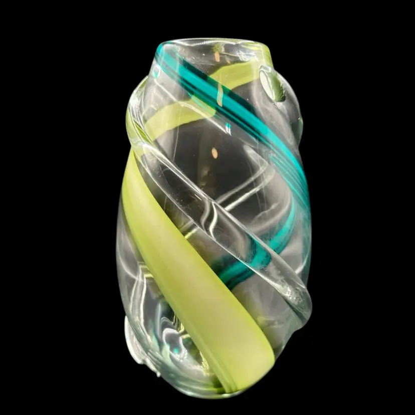 Teal & Yellow Applied Swirl Art Glass Vase 10.25”T 6”W, Unsigned