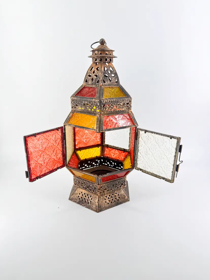 Moroccan Ramadan Hanging Lantern 17" Brass Flash Coated Stained Glass Panels Red Yellow