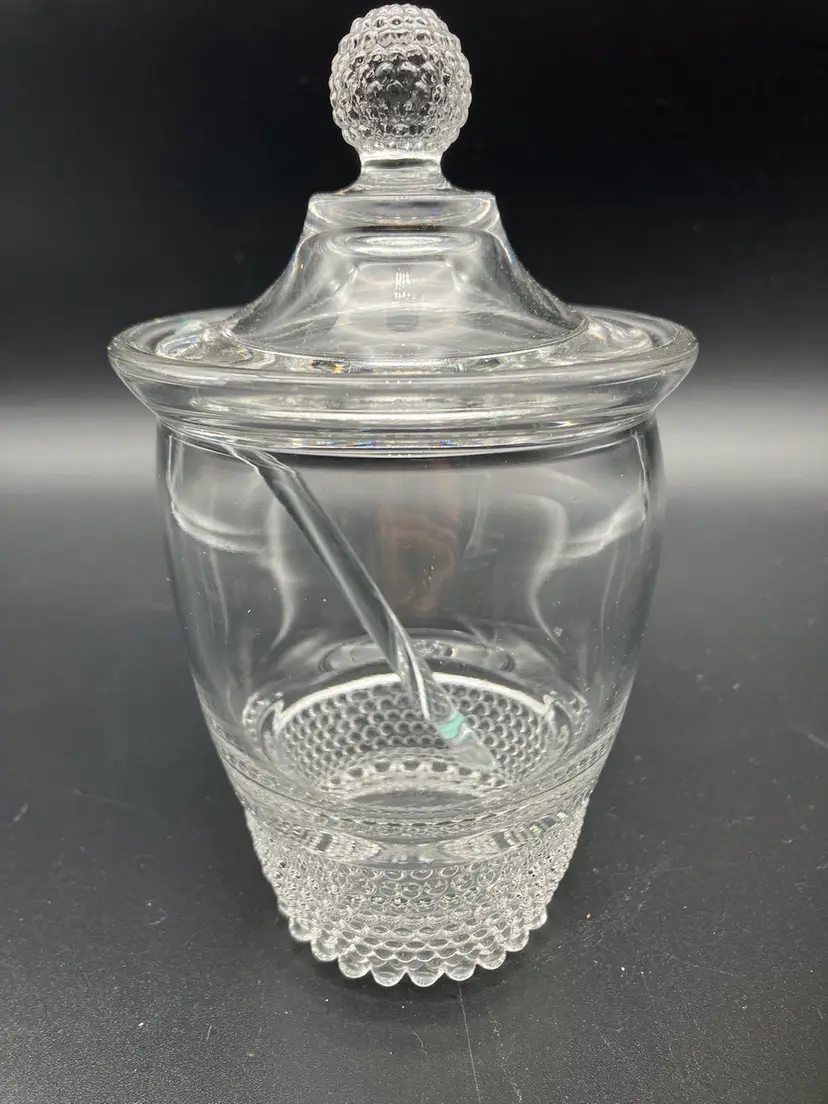 BIN - Vintage 1930s Duncan Miller 3 Piece Condiment Jar With Lid And Spoon. Glows!