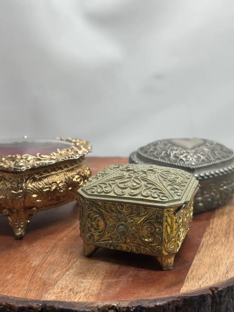 Vintage Lot 3 Jewelry Trinket Boxes Metal Gold & Silver Tone