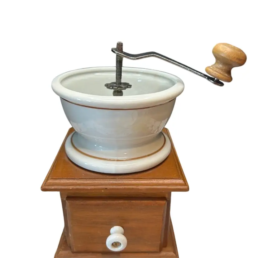 Vintage Teleflora Coffee Bean Grinder 1982 W/ Wooden Knob And Base With Drawer W/ Liner Porcelain Reservoir And Knob On Drawer