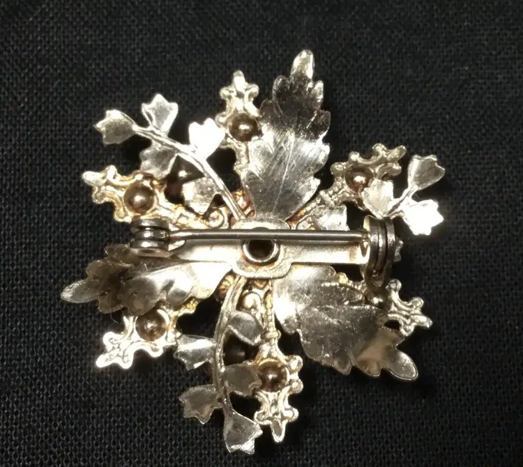 Vintage flower or snowflake brooch, small, blue rhinestones, 3 layers, 1.5" diameter