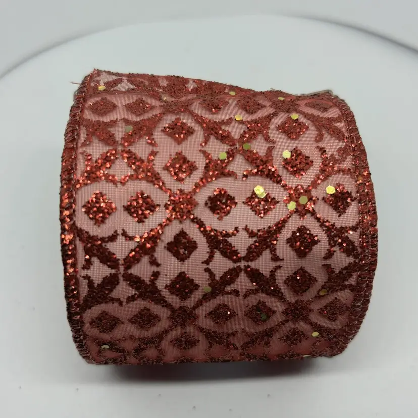 New 2.5" x 25' Sheer Wired Ribbon Wine Red With Glitter Pattern