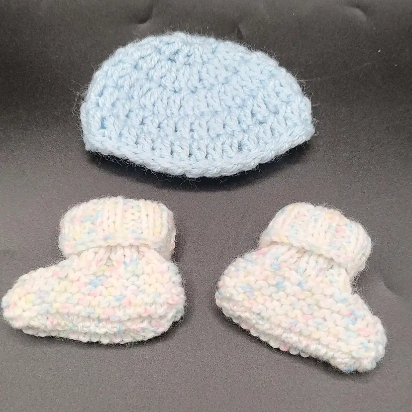 New Hand Knitted Light Blue Preemie Hat With Multi Color Booties Set