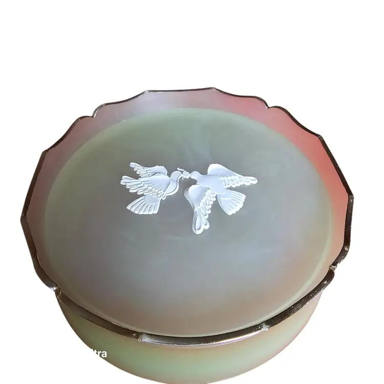 VINTAGE 1960S MID-CENTURY MODERN 'EMPTY' RAPTURE BEAUTY DUST POWDER PUFF CONTAINER WITH DECORATED LID. 5.5" IN DIAMETER 2.5 " IN HEIGHT #TD600228