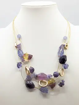 Chico's 'Shiloh Illusion' Gold Tone Multi Strand Purple Bead Necklace NWT