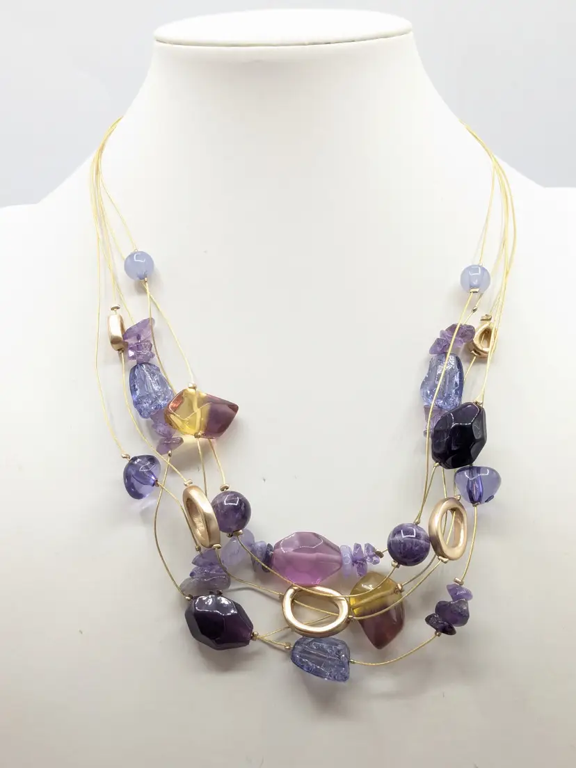 Chico's 'Shiloh Illusion' Gold Tone Multi Strand Purple Bead Necklace NWT