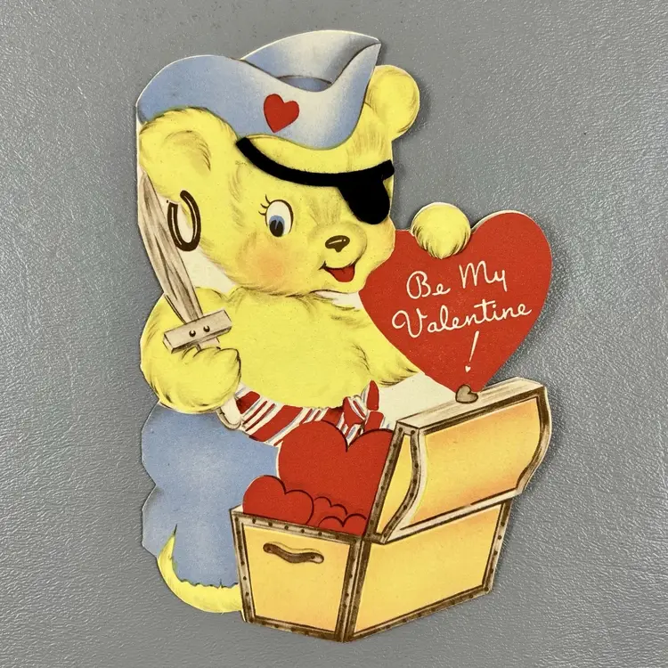 Vintage Valentine Die Cut Card Pirate Bear With Treasure Chest Hearts Stanley USA 6" 1940s Felt Eye Patch
