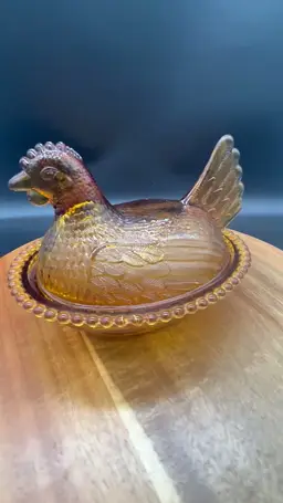 Vintage Amber Glass Hen on Nest - Indiana Glass Company - 7" with Beads