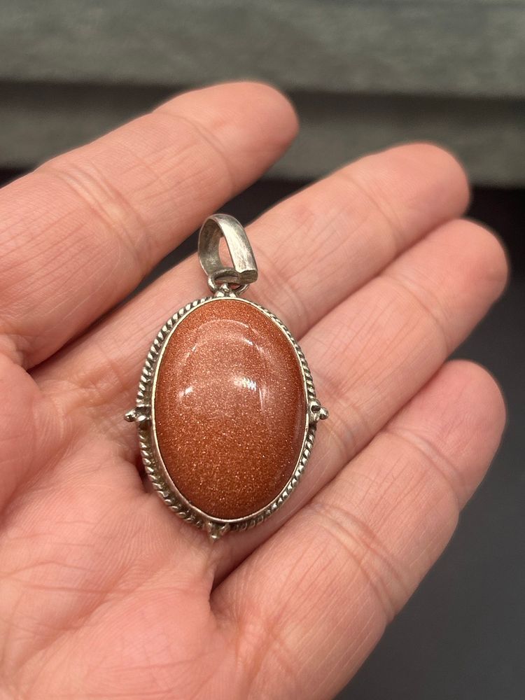 Artisan-Made Sterling Silver 925 Goldstone Pendant – Oval 1.5” Sparkling Coppery Glow