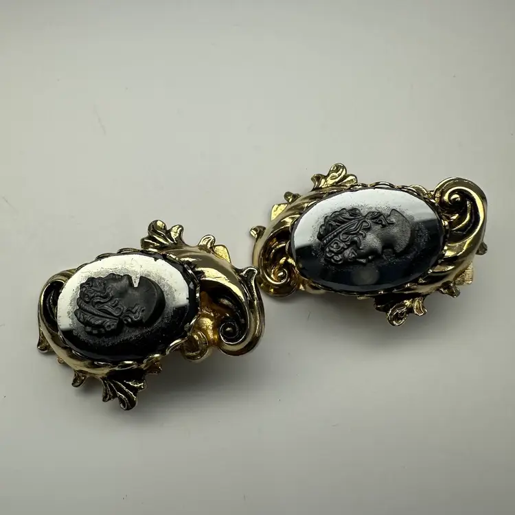 Vintage Hematite Cameo Earrings