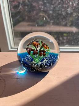 Murano 3.5” Flowered Paperweight With Sticker
