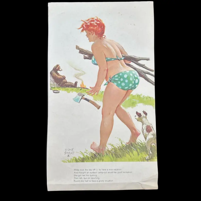 Vintage Hilda Pin Up “Grizzly Situation” Calendar Print, Duane Meyers, 14”H 10”W