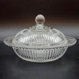 Queen Mary Depression Glass Lidded Butter Preserves Dish  Anchor Hocking Ribbed