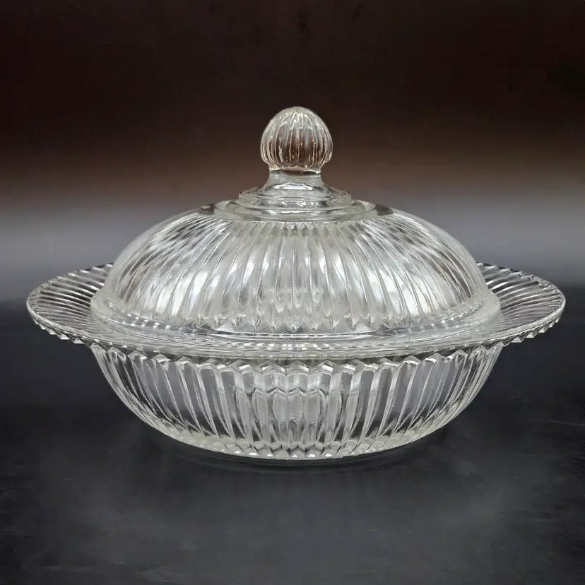 Queen Mary Depression Glass Lidded Butter Preserves Dish  Anchor Hocking Ribbed