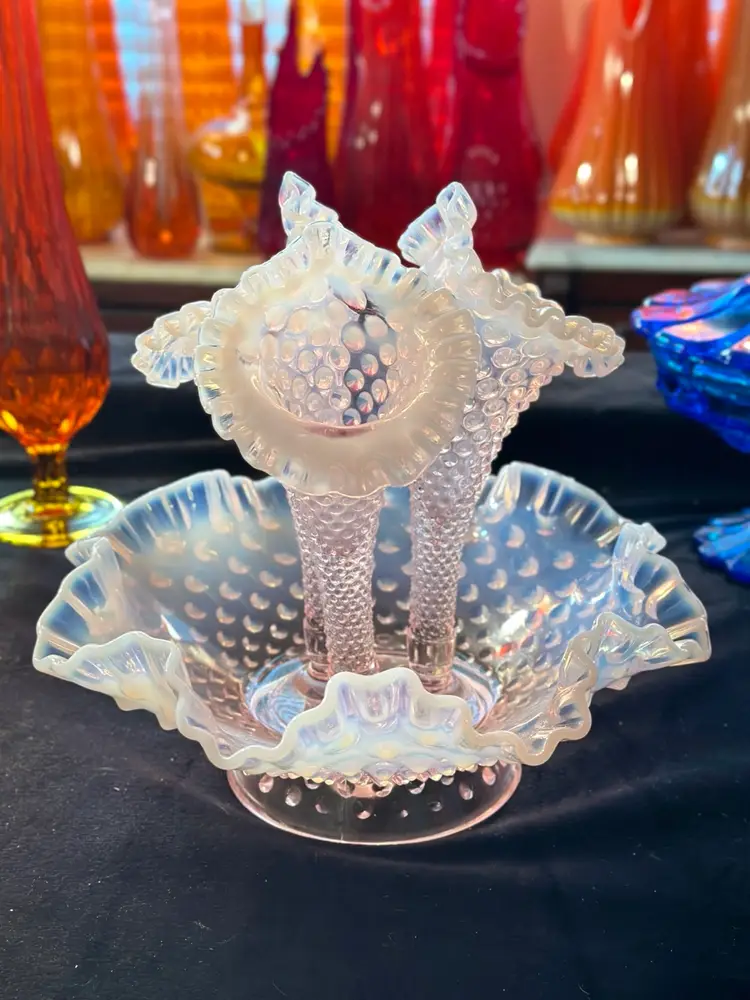 Large Fenton Pink Opalescent Hobnails Epergne