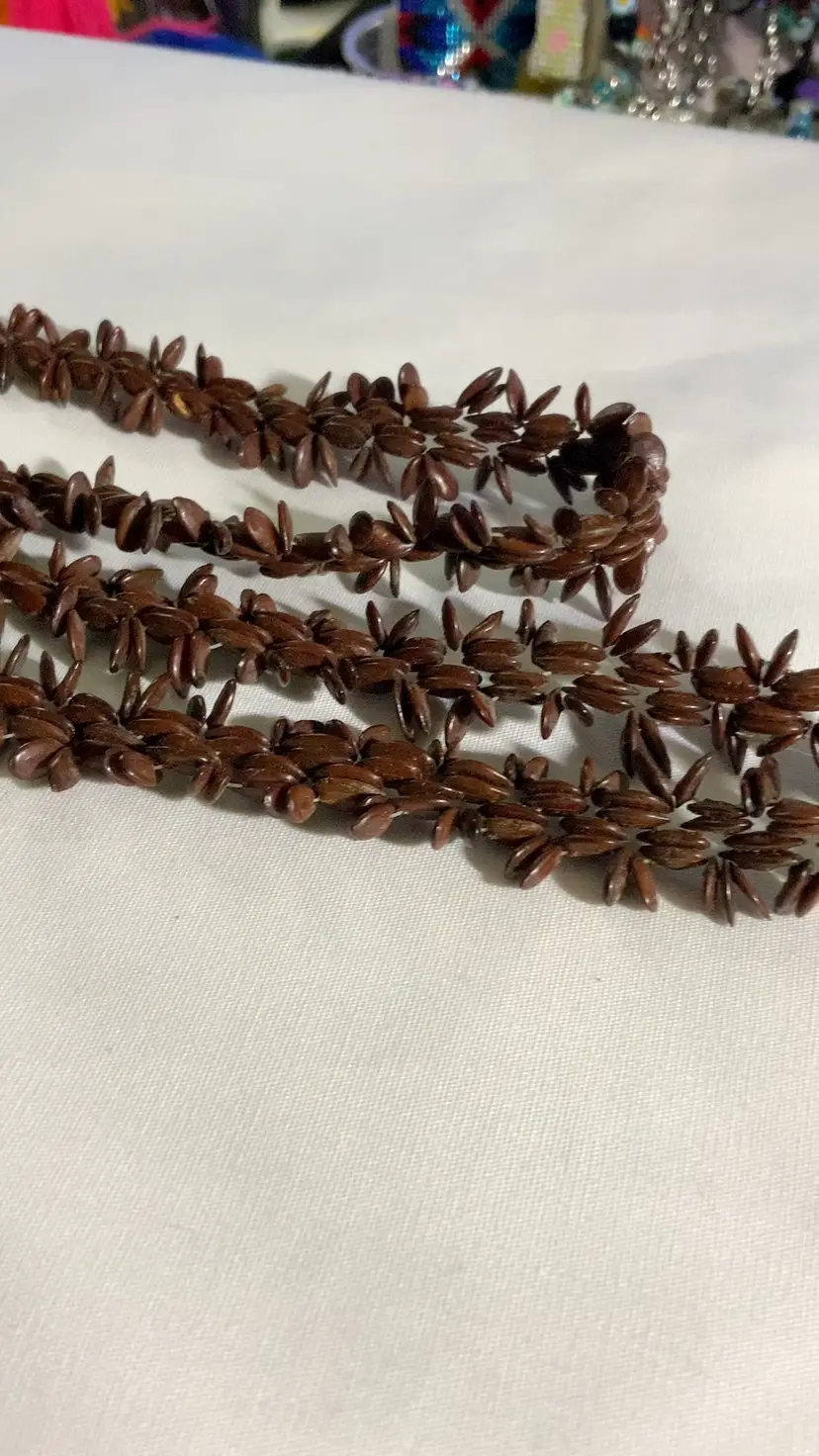 Vintage 47” Apple Seed Boho Style Beaded Necklace Costume Jewelry