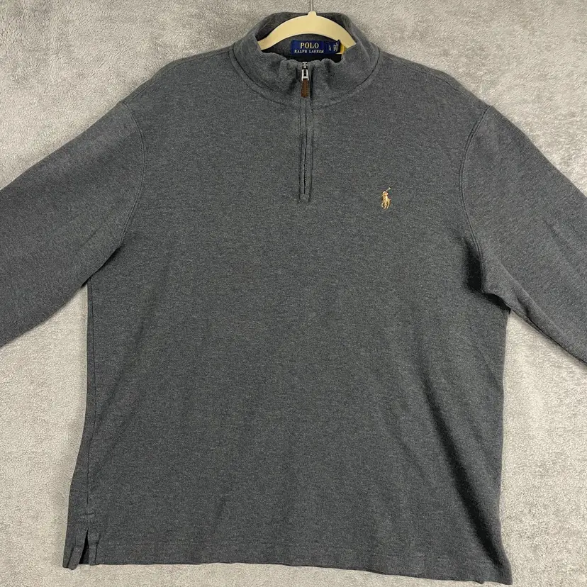 Polo Ralph Lauren Sweater Mens Large Gray Cotton 1/4 Zip Mock Neck Estate Rib