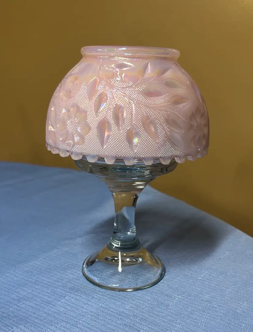 Fenton Wildflower Lace Pink Iridescent Fairy Lamp top & Westmoreland Clear Base
