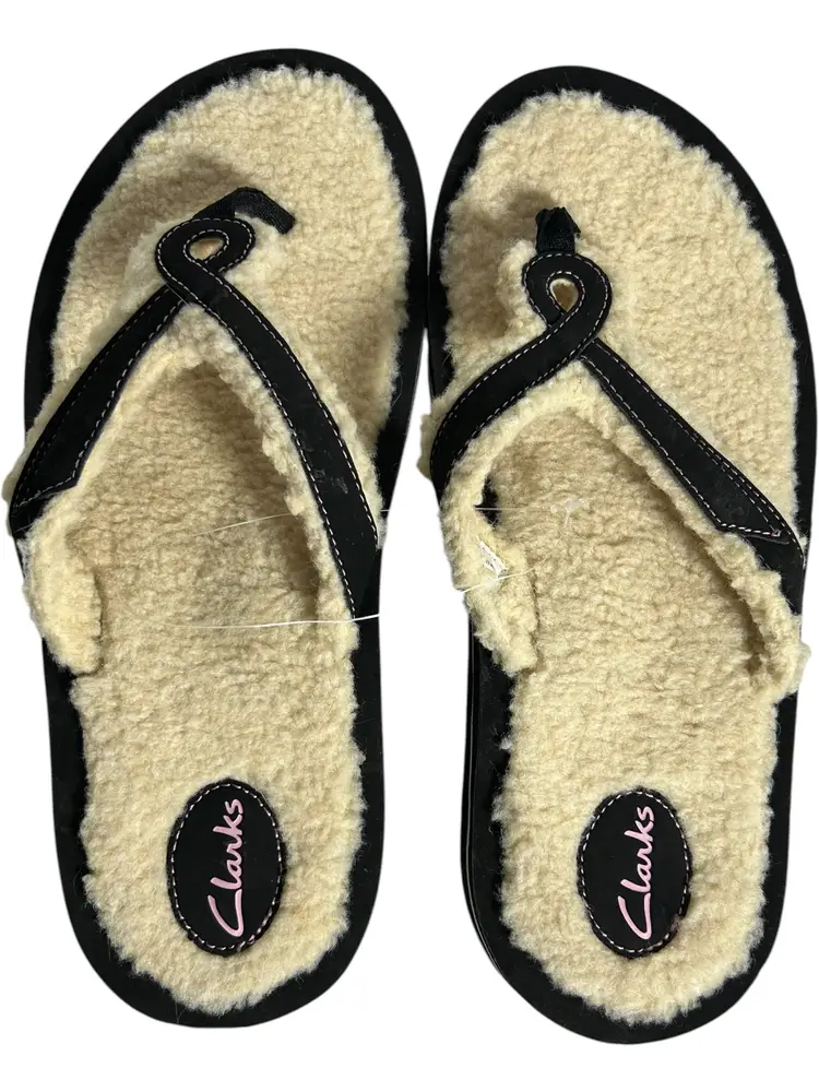New Clarks Faux Fur Thong Sandals Flip Flops Black/Pink Stitching Sz 11
