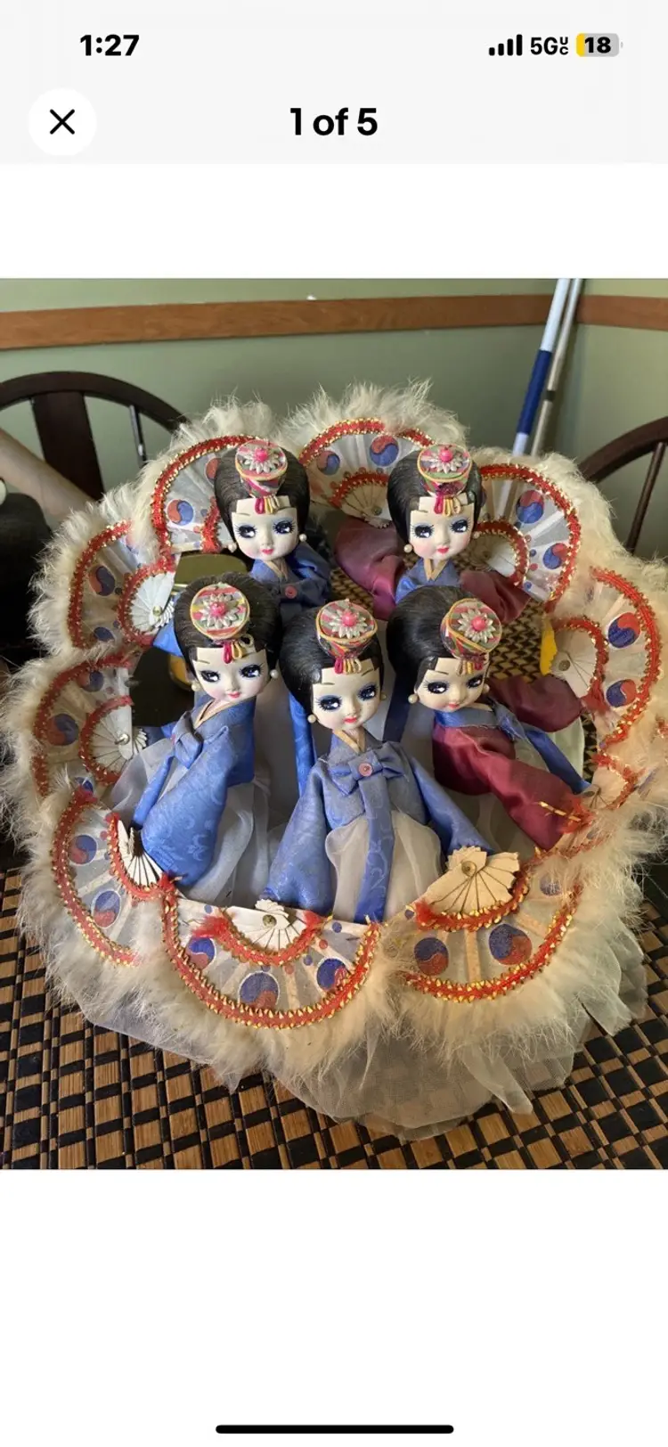 Vintage Korean Native Dolls Traditional Dress Hanbok Fan Dancers Handmade