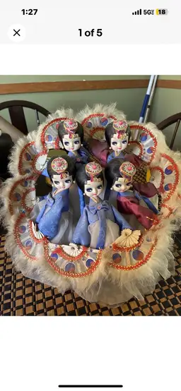 Vintage Korean Native Dolls Traditional Dress Hanbok Fan Dancers Handmade