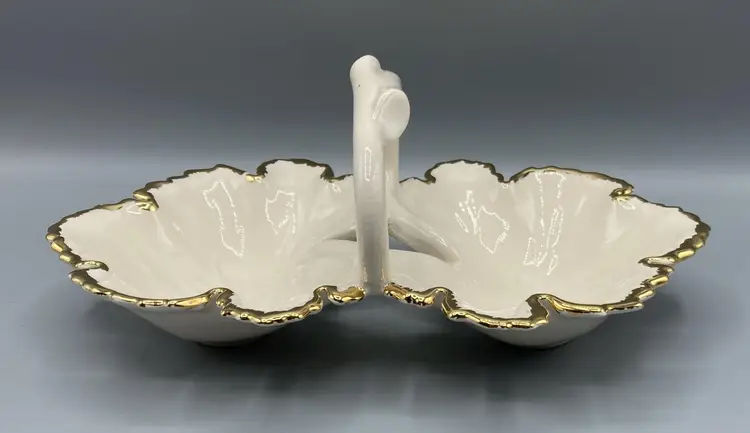 MCM Divided Leaf Ceramic Candy Trinket Dish Off-White w/ Gold Trim & Handle - Vintage