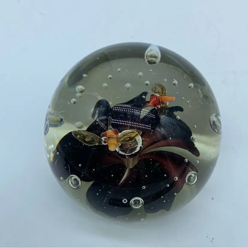 #0010 Dynasty Gallery heirloom collectible art glass paperweight with insects and floral With Bubble inclusions 3” x 3”