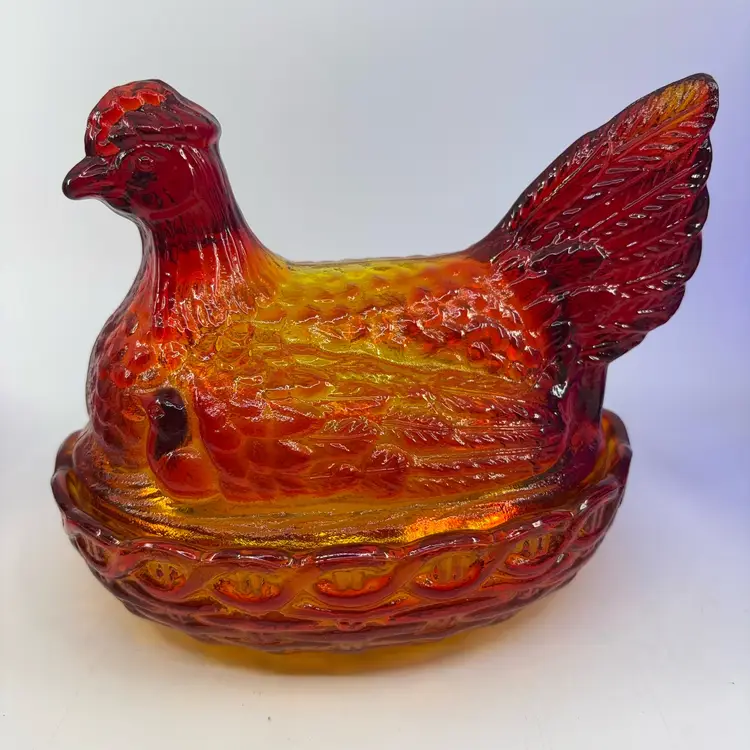 HTF Vintage L.E. Smith Amberina Glass Hen on Nest With Chicks 6.5” Glows