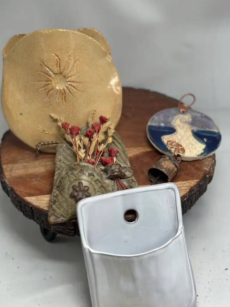 SALE Pottery Curated Grab Bag / Box Wall Pockets & Wind Chime Bell Peacock