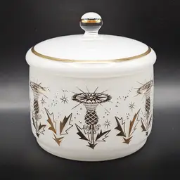 White Milk Glass Jar Bowl Gold Atomic Starburst Thistle Design Vintage (MCM)