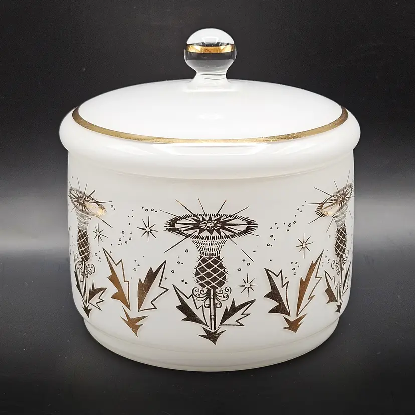 White Milk Glass Jar Bowl Gold Atomic Starburst Thistle Design Vintage (MCM)