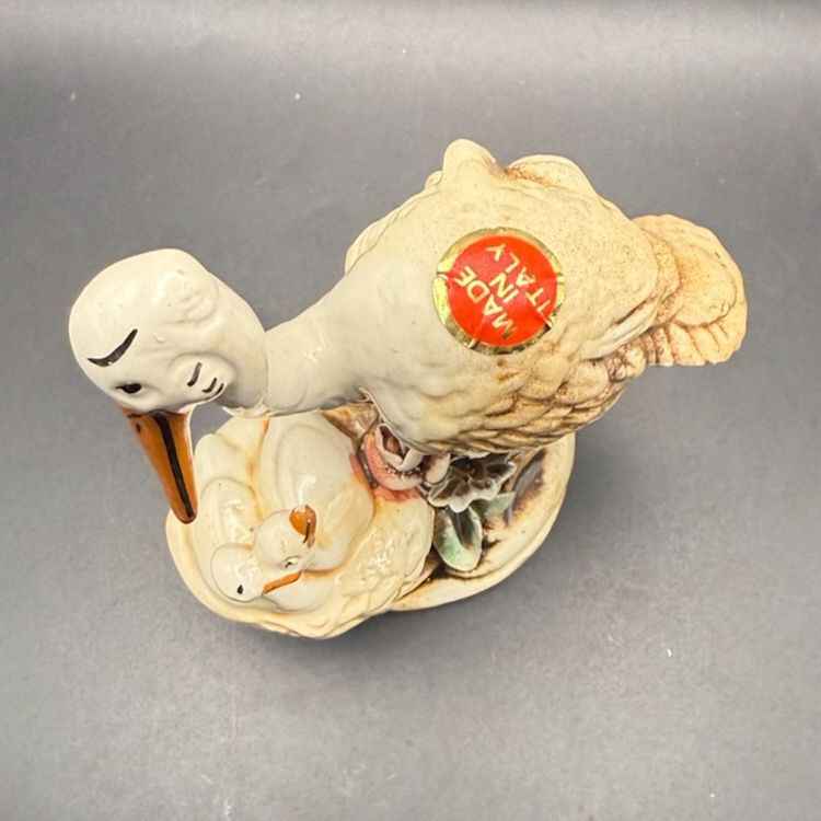 Italian Ceramic Stork With Chicks Figurine