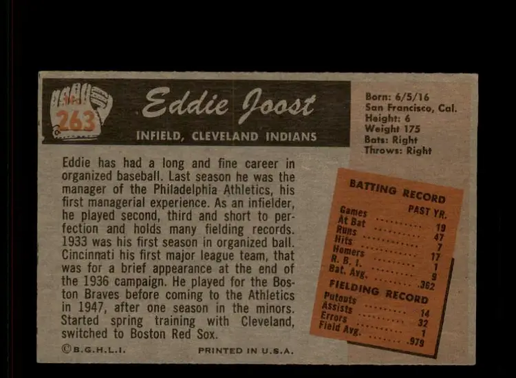 1955 Bowman #263 Eddie Joost - (pk-tl3) - Cleveland Indians