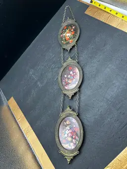 #427B Vintage Wall Hanging. 3 Ornate Oval Brass Florentino Style Frames With Victorian Floral Prints Marked Made in Italy, Flat Glass