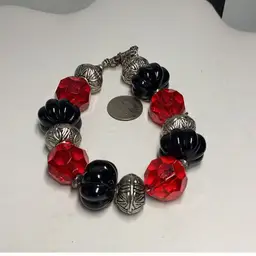 Black, Red & Silver-tone Bracelet 7.5”