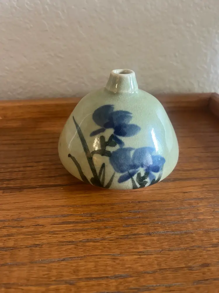 Ceramic Artist Signed Studio Pottery Blue Green Floral Squat Vase