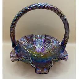 Fenton Carnival Iridescent Plum Glass Peacock & Dahlia Pattern Basket 5.5x6”
