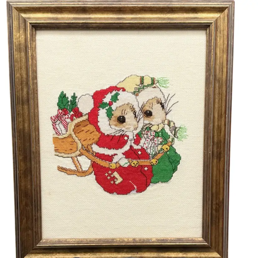 Vintage Framed Christmas Mouse Cross Stitch 8x10 - Priscilla Hillman "Delivering The Gifts" - Finished Hand-Stitched Art