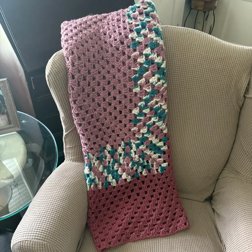 Vintage Blanket Afghan Hand Made Crochet Throw 52”x49” Shades Of Mauve