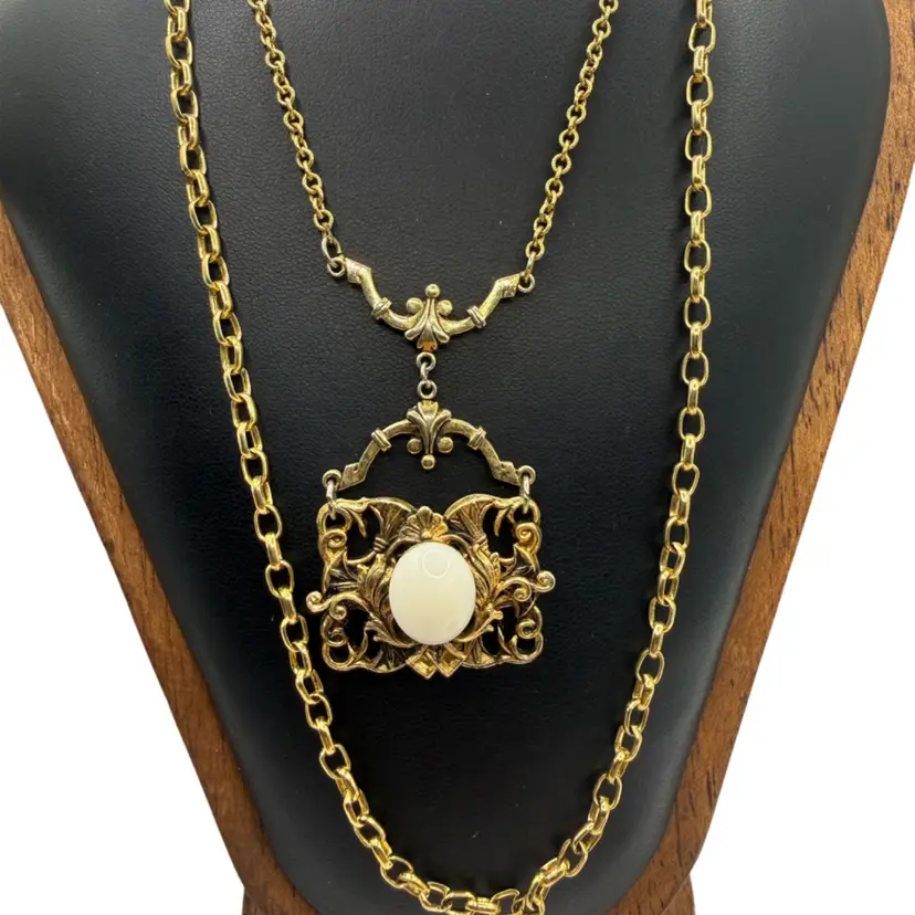 Vintage Victorian Revival gold tone double pendant necklace