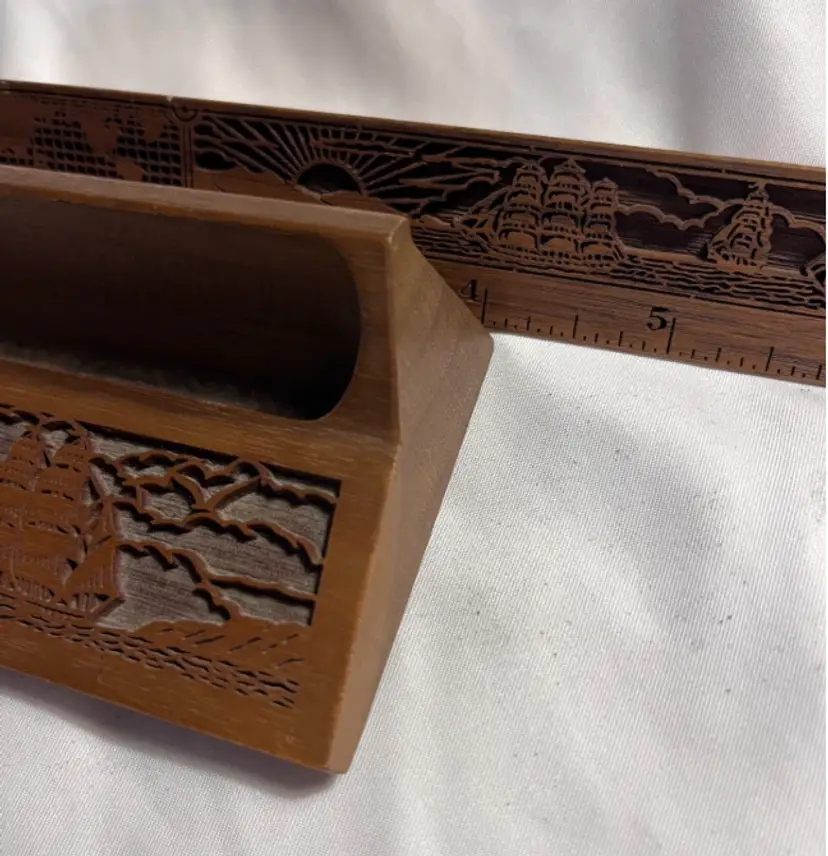 Vintage Wood Hand Carved Desk Ruler and Business Card Holder