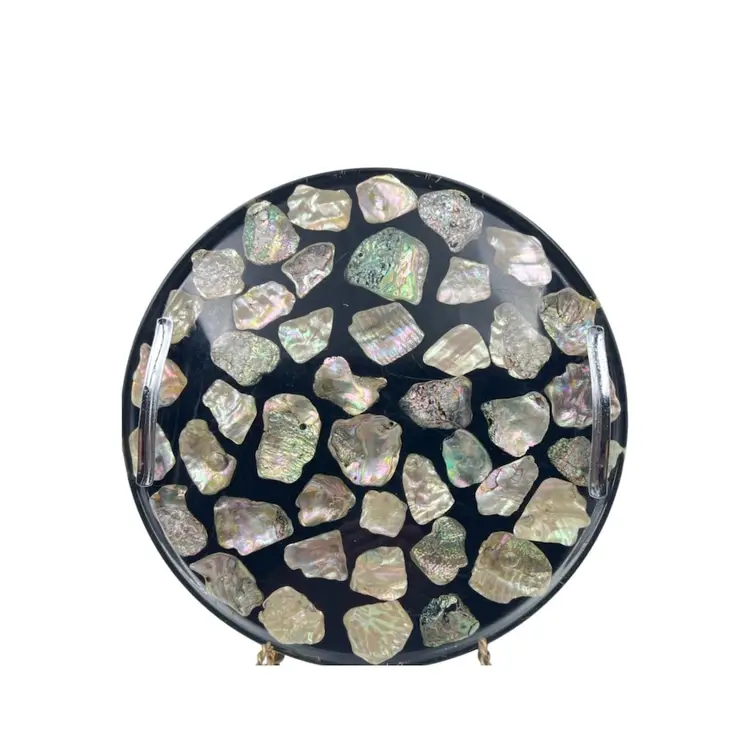 Vintage 14” Acrylic Serving Tray 
Inlaid Abalone Shell 
Silver Tone Handles