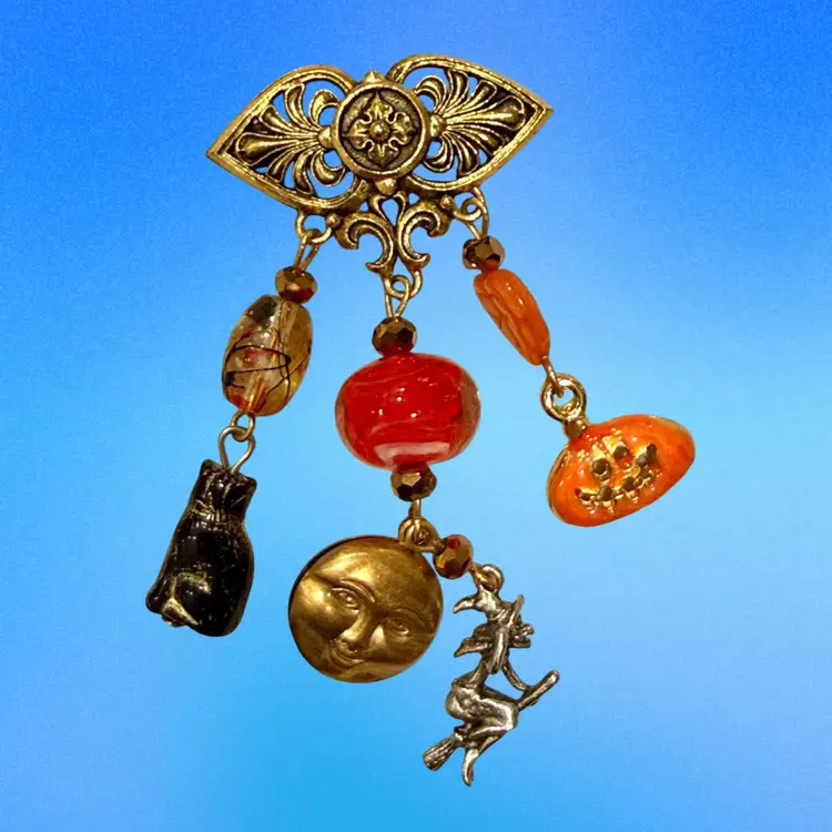 Handmade Halloween One of a Kind Art Glass Cat, Witch, Moon, Pumpkin GoldTone Brooch 2.75”