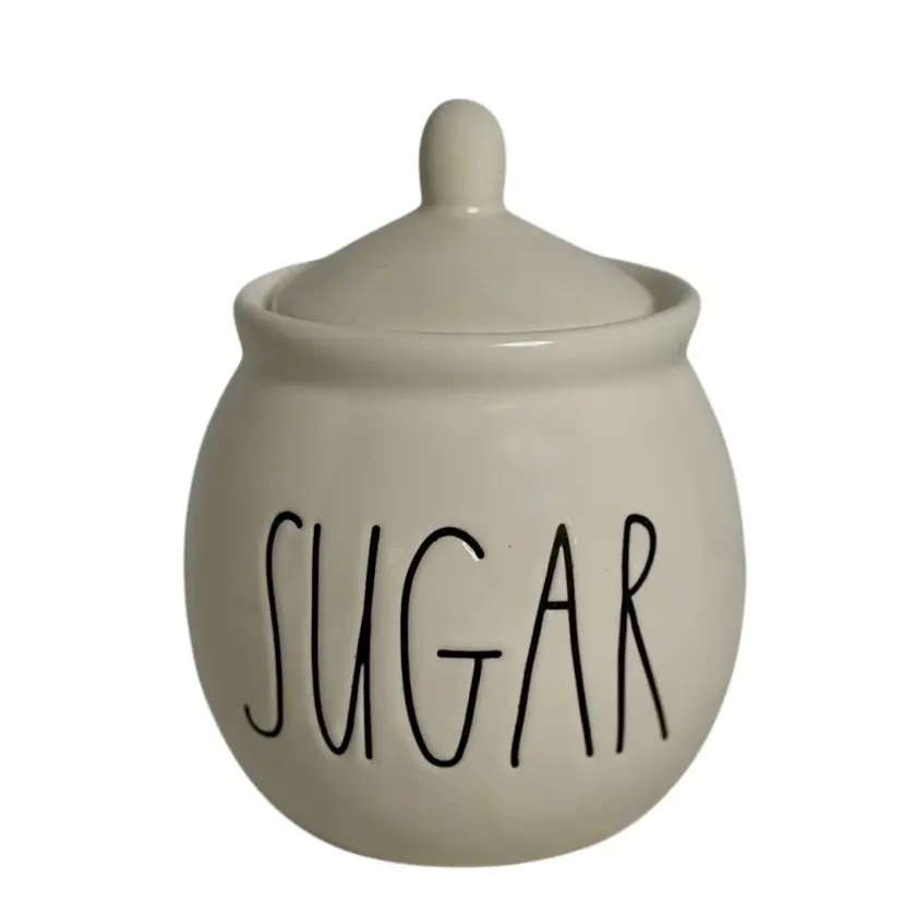 Rae Dunn SUGAR Lidded Jar Bowl By Magenta Microwave And Dishwasher Safe Warm White Ceramic 
5.5” T W/Lid