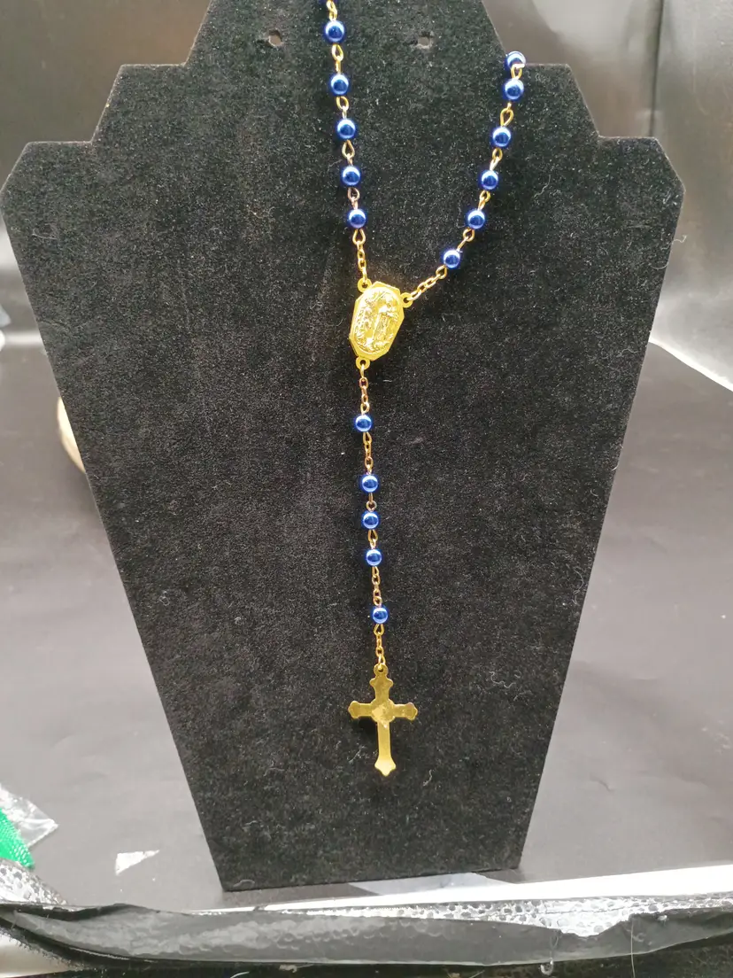 Vintage French Rosary Double Sided Medallion Gold Tone Crucifix Cobalt Glass Beads Christianity Catholic.