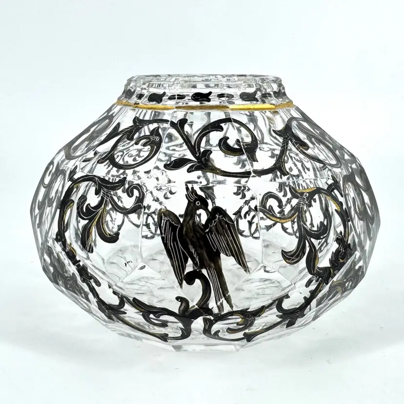Crystal Black And Gold Enamel Bird Vase